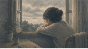 Woman staring out the window blankly as she deals with apathy from depression