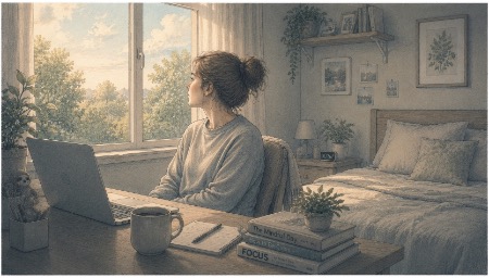 Woman practicing the 20-20-20 rule by looking out the window to relieve anxiety-related eye strain 