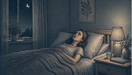 Tired woman lying awake in bed at night, staring at the ceiling with a worried expression, illustrating how ADHD burnout disrupts sleep and recovery.