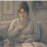 Woman practicing slow, controlled breathing to ease anxiety symptoms and restore steady breathing.
