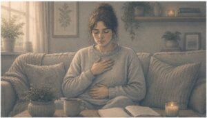Woman practicing slow, controlled breathing to ease anxiety symptoms and restore steady breathing.