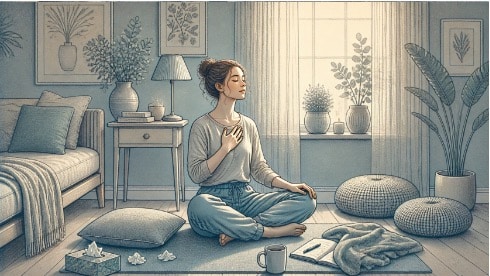 Woman sitting on a wooden floor with her eyes closed, practicing slow box breathing with one hand resting on her chest to calm a BPD meltdown.