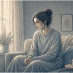 Young woman sitting alone by a window with a conflicted expression, reflecting the inner pull of black and white thinking in BPD.