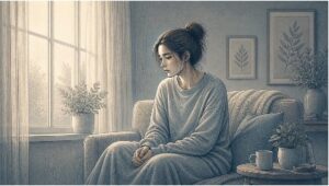 Young woman sitting alone by a window with a conflicted expression, reflecting the inner pull of black and white thinking in BPD.