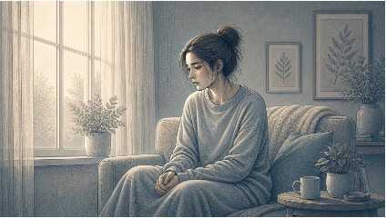 Young woman sitting alone by a window with a conflicted expression, reflecting the inner pull of black and white thinking in BPD.