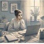 Young adult sitting at a cluttered desk staring blankly at a laptop screen, visibly frozen in ADHD paralysis with an unfinished to-do list nearby.