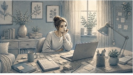 Young adult sitting at a cluttered desk staring blankly at a laptop screen, visibly frozen in ADHD paralysis with an unfinished to-do list nearby.
