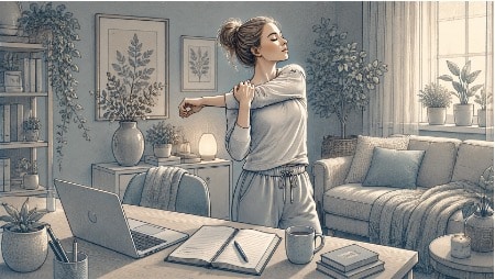 Young woman pausing to stretch her shoulders beside her home desk and laptop, modeling a gentle transition between focused work sessions.
