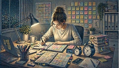 Woman working late at a desk covered in sticky notes, color-coded planners, and multiple alarms, illustrating the overcompensation common in masked ADHD.