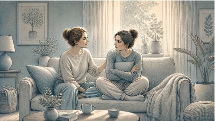 Woman speaking softly to her anxious sister in a quiet, sunlit living room, using calm body language to create a sense of safety after trauma.