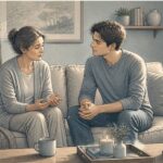 Adult son sitting beside his mother on a couch, listening with patience and concern as she shares fears stemming from paranoid schizophrenia.