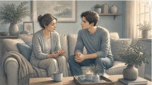Adult son sitting beside his mother on a couch, listening with patience and concern as she shares fears stemming from paranoid schizophrenia.