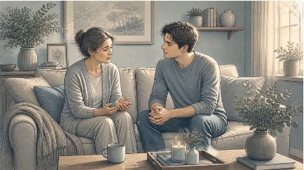 Adult son sitting beside his mother on a couch, listening with patience and concern as she shares fears stemming from paranoid schizophrenia.