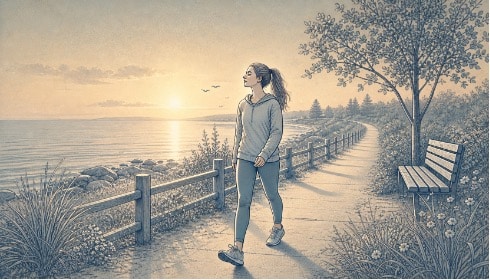 Woman walking outdoors at sunrise as part of her daily PTSD recovery routine, supporting nervous system regulation and reducing hypervigilance.