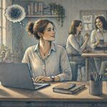 Young professional sitting at a tidy desk, smiling at coworkers while quietly drained inside, capturing the hidden effort of masking ADHD at work.
