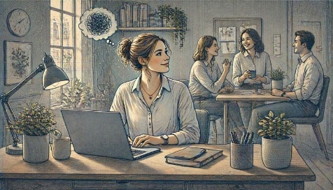 Young professional sitting at a tidy desk, smiling at coworkers while quietly drained inside, capturing the hidden effort of masking ADHD at work.