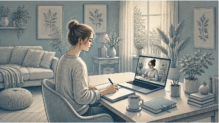 Woman writing in a notebook while her laptop shows another person working at their desk, illustrating body doubling via video call.