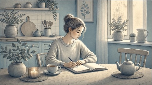 Person sitting at a kitchen table writing in a journal with a cup of tea nearby, tracking BPD triggers and practicing daily self-care habits.