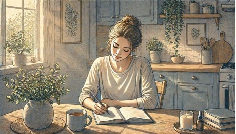 Woman with ADHD journaling at a sunlit kitchen table with a cup of tea, practicing a calming self-care routine to manage burnout symptoms.
