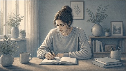 Person seated at a desk writing in a journal with a calm, focused expression, using expressive writing as a coping strategy after a traumatic experience.
