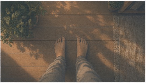 Man grounding himself by walking barefoot on a wooden floor 