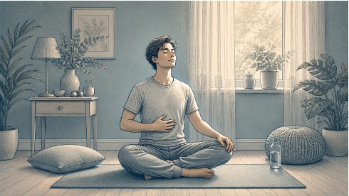 Young man sitting cross-legged on a yoga mat by a sunlit window, eyes closed and practicing slow diaphragmatic breathing to calm post-panic anxiety.