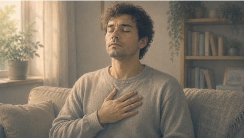 Man taking deep breaths to calm himself down in the middle of a BPD mood swing