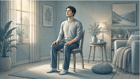 Man sitting upright on a chair with eyes closed, hands resting on his knees, practicing slow box breathing to ease panic-related shaking.