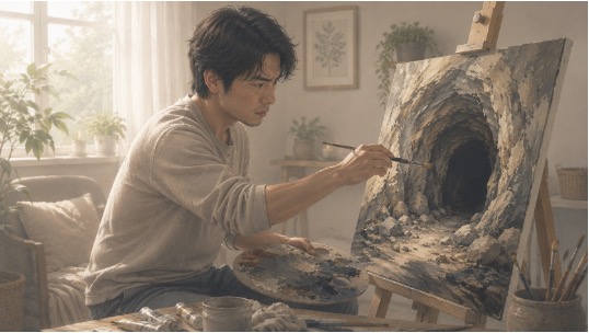 Man using art as a creative outlet to process anger and depression.  
