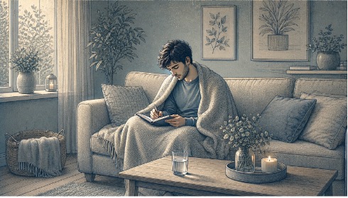Man wrapped in a soft blanket on a sofa, writing in a journal with a glass of water nearby, recovering quietly after a panic attack.