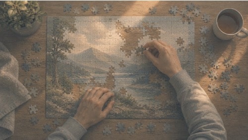 Man solving a puzzle to distract himself amid a BPD mood swing 