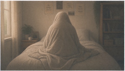 Person wrapped in a comforter on the bed, struggling due to religious trauma