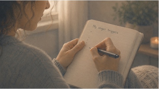 Woman tracking her anger triggers in her journal 