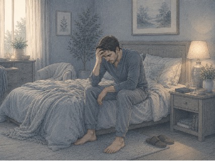 A man struggling with ruminating over his past mistakes and failures