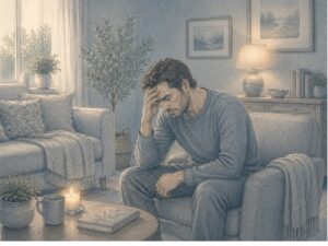 A man with his hands on his head, looking stressed after experiencing a recent traumatic experience.