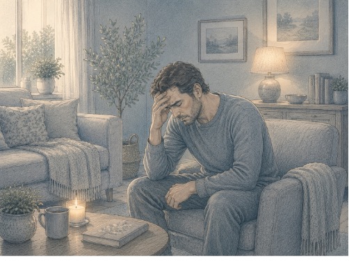 A man with his hands on his head, looking stressed after experiencing a recent traumatic experience.