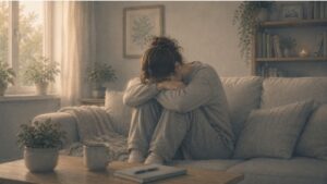 Woman alone at home, struggling with BPD mood swings