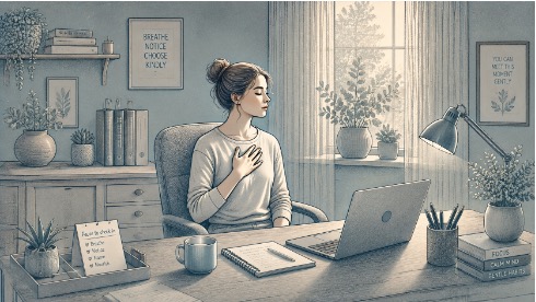 Woman pausing at her desk with her hand on her chest, noticing early signs of rising anxiety such as shoulder tension and a quickening heartbeat.