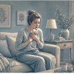Young woman sitting on a couch with trembling hands held to her chest, trying to steady her breathing during a panic attack at home.