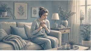 Young woman sitting on a couch with trembling hands held to her chest, trying to steady her breathing during a panic attack at home.