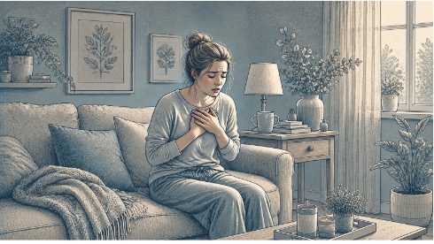 Young woman sitting on a couch with trembling hands held to her chest, trying to steady her breathing during a panic attack at home.