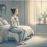 Young adult sitting on the edge of a bed with hands clutched to chest, eyes closed, breathing deeply through a panic attack in a softly lit bedroom.