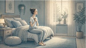 Young adult sitting on the edge of a bed with hands clutched to chest, eyes closed, breathing deeply through a panic attack in a softly lit bedroom.