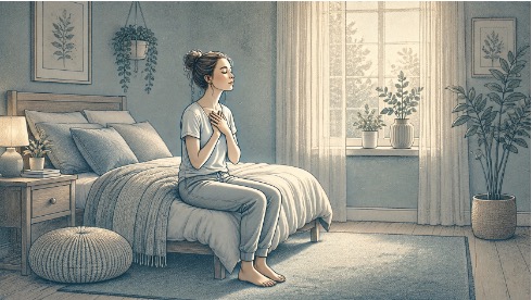 Young adult sitting on the edge of a bed with hands clutched to chest, eyes closed, breathing deeply through a panic attack in a softly lit bedroom.