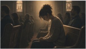 Woman sitting in a church pew, struggling with religion-related obsessions