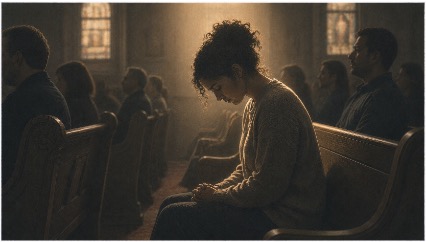 Woman sitting in a church pew, struggling with religion-related obsessions