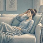 Exhausted young woman resting on a soft couch with a blanket and a water glass nearby, recovering quietly after an intense panic attack at home.