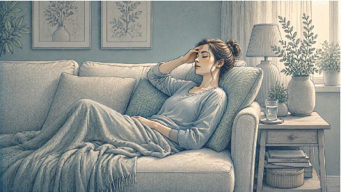 Exhausted young woman resting on a soft couch with a blanket and a water glass nearby, recovering quietly after an intense panic attack at home.