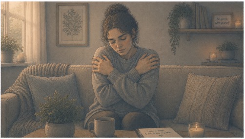Woman showing self-compassion by attempting to hug herself