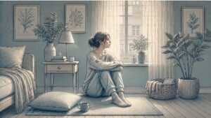 Young woman sitting quietly by a window with a faraway expression, illustrating the disconnected, detached feeling of living with dissociation.